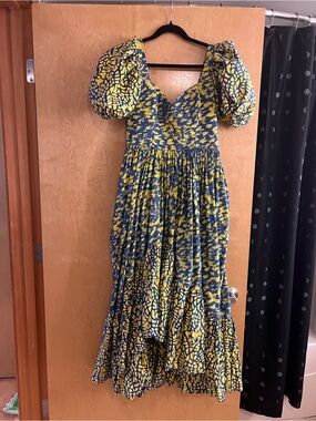 SIKA Frida Puff Sleeve Dress in Blue & Yellow Batik – Size 8